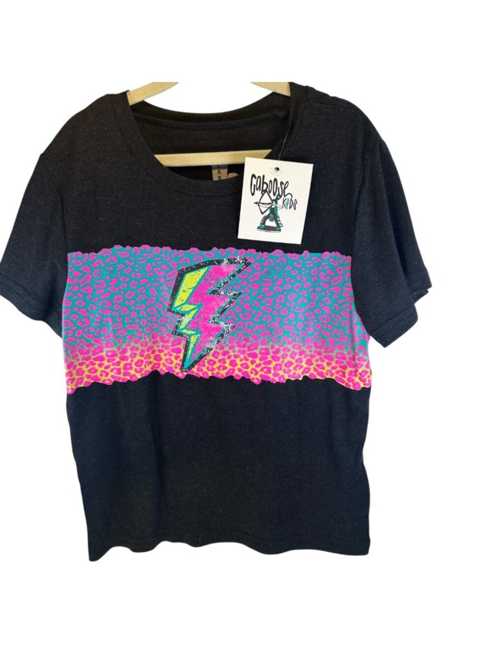 Caboose Kids Neon Lightning Bolt Black Graphic Tee With Leopard Print 6T New